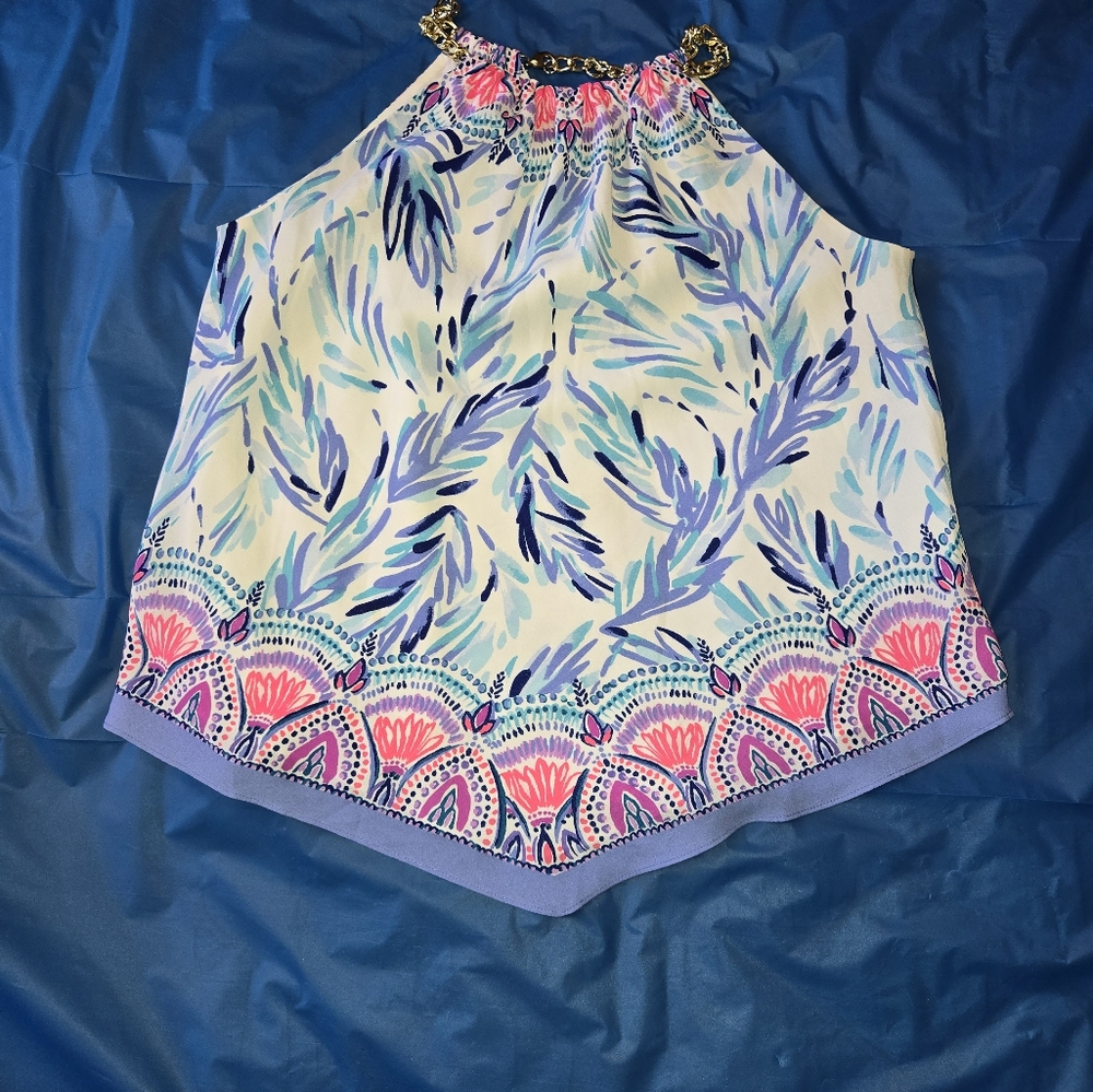Lilly Pulitzer gold chain halter top. Blue And Pink.  Women's Size XXS